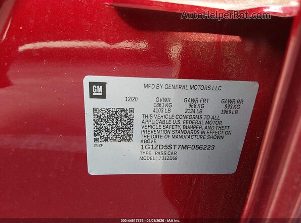 1G1ZD5ST7MF056223 2021 CHEVROLET MALIBU Red Շարժիչի բաժամունքի տեսք