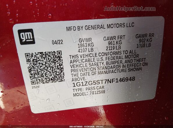 1G1ZG5ST7NF146948 2022 CHEVROLET MALIBU Red ძრავის განყოფილების ხედი