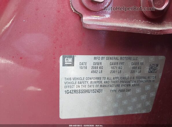 1G4ZR5SS5HU152431 2017 BUICK LACROSSE Red 