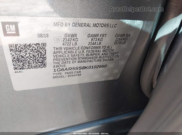 1G6AR5SS8K0102660 2019 CADILLAC CTS Gray 