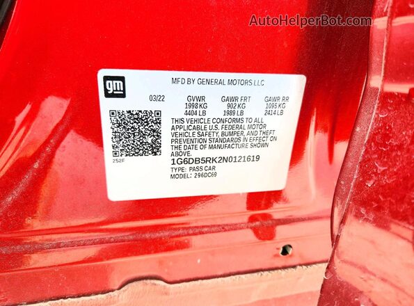 1G6DB5RK2N0121619 2022 CADILLAC CT4 Красный Вид наклейки с VIN-кодом