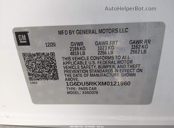 1G6DU5RKXM0121960 2021 CADILLAC CT5 White Engine compartment view