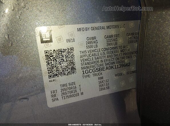 1GCGSBEA0K1139662 2019 CHEVROLET COLORADO Gray Շարժիչի բաժամունքի տեսք