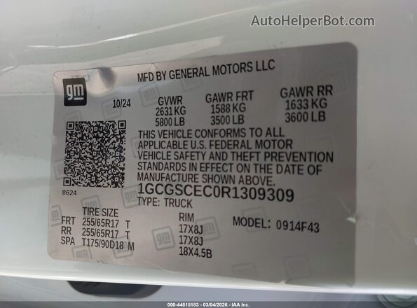 1GCGSCEC0R1309309 2024 CHEVROLET COLORADO White Vista del compartimento del motor