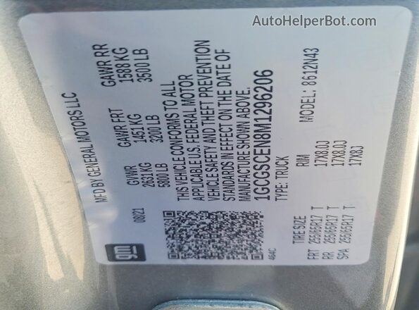1GCGSCEN8M1296206 2021 CHEVROLET COLORADO Gray Вид наклейки з VIN-кодом