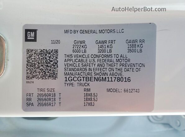 1GCGTBEN6M1178016 2021 CHEVROLET COLORADO White Widok naklejki z numerem VIN