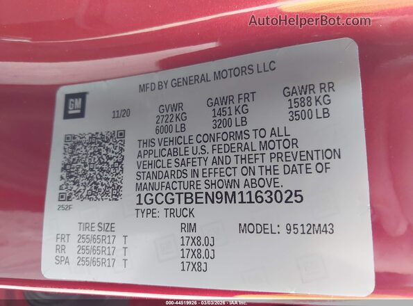1GCGTBEN9M1163025 2021 CHEVROLET COLORADO Red Widok komory silnika