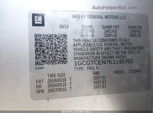 1GCGTCEN7K1140703 2019 CHEVROLET COLORADO Gray 