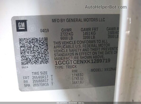 1GCGTCENXK1289719 2019 CHEVROLET COLORADO White ძრავის განყოფილების ხედი