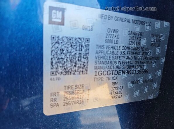 1GCGTDEN9K1135699 2019 CHEVROLET COLORADO Синий 
