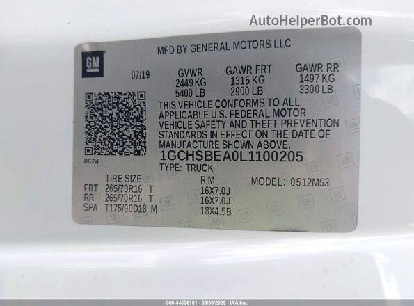 1GCHSBEA0L1100205 2020 CHEVROLET COLORADO White 