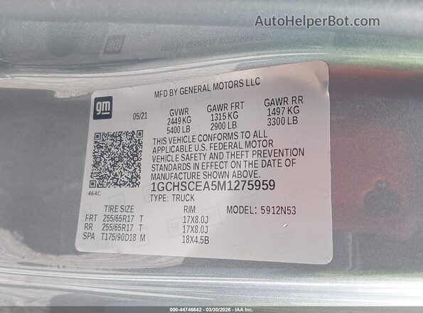 1GCHSCEA5M1275959 2021 CHEVROLET COLORADO Silver 