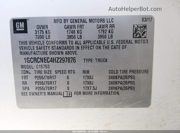 1GCRCNEC4HZ297876 2017 CHEVROLET SILVERADO White Շարժիչի բաժամունքի տեսք