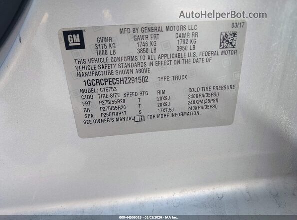 1GCRCPEC5HZ291502 2017 CHEVROLET SILVERADO Silver Widok komory silnika