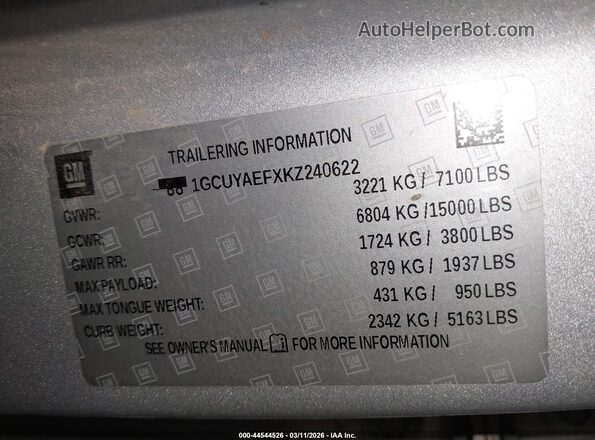 1GCUYAEFXKZ240622 2019 CHEVROLET SILVERADO Silver 
