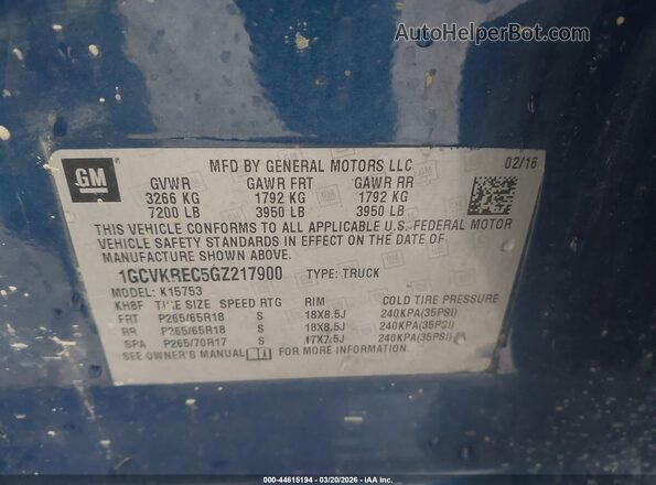 1GCVKREC5GZ217900 2016 CHEVROLET SILVERADO Blue Vista del compartimento del motor