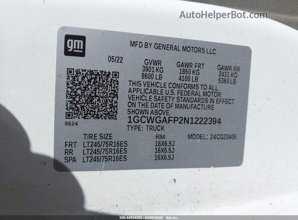 1GCWGAFP2N1222394 2022 CHEVROLET EXPRESS Белый Вид наклейки с VIN-кодом