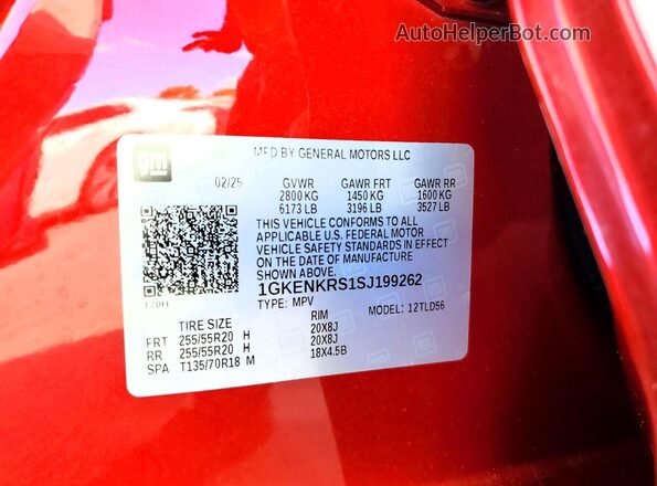 1GKENKRS1SJ199262 2025 GMC ACADIA Красный Вид наклейки с VIN-кодом