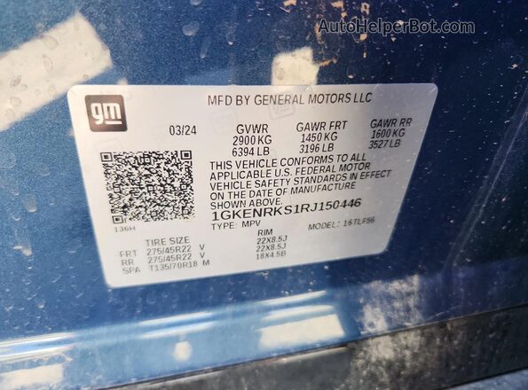 1GKENRKS1RJ150446 2024 GMC ACADIA Blue Widok naklejki z numerem VIN