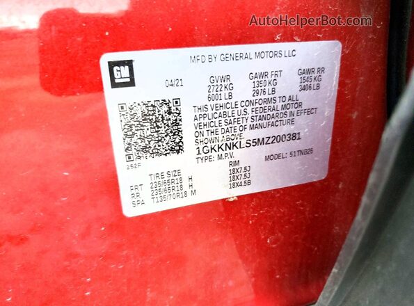 1GKKNKLS5MZ200381 2021 GMC ACADIA Red VIN კოდის სტიკერის ხედი