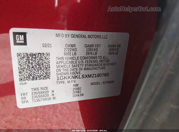 1GKKNKLSXMZ180760 2021 GMC ACADIA Red Շարժիչի բաժամունքի տեսք