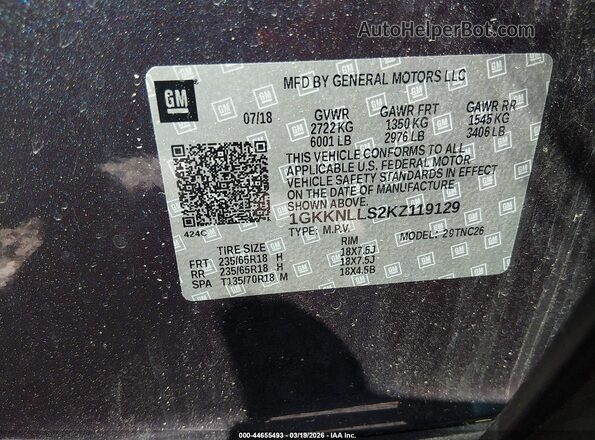 1GKKNLLS2KZ119129 2019 GMC ACADIA Blue ძრავის განყოფილების ხედი