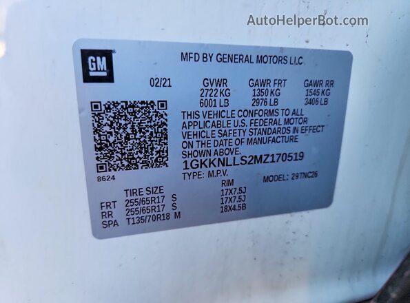 1GKKNLLS2MZ170519 2021 GMC ACADIA White VIN კოდის სტიკერის ხედი