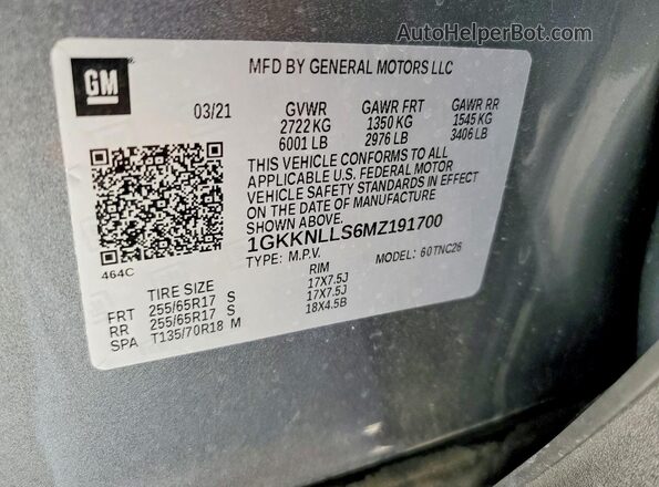 1GKKNLLS6MZ191700 2021 GMC ACADIA Gray 