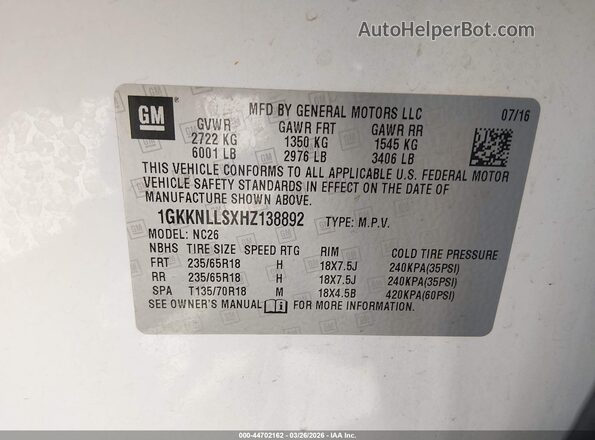 1GKKNLLSXHZ138892 2017 GMC ACADIA Белый Вид подкапотного пространства