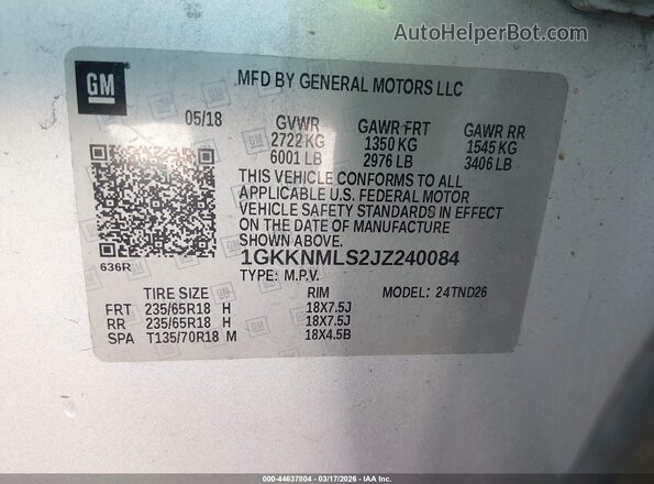 1GKKNMLS2JZ240084 2018 GMC ACADIA Silver 