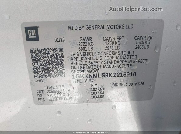 1GKKNMLS8KZ216910 2019 GMC ACADIA Silver Vista del compartimento del motor
