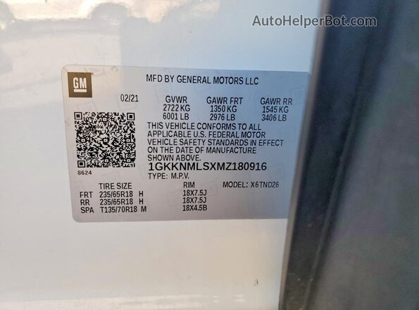 1GKKNMLSXMZ180916 2021 GMC ACADIA White Вид наклейки з VIN-кодом
