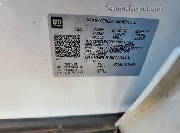 1GKKNPLS2MZ234131 2021 GMC ACADIA White Widok naklejki z numerem VIN
