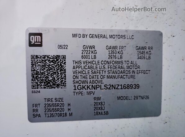 1GKKNPLS2NZ168939 2022 GMC ACADIA White 