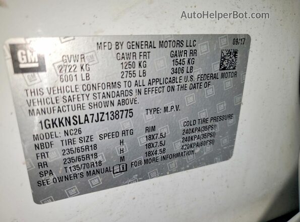 1GKKNSLA7JZ138775 2018 GMC ACADIA White 