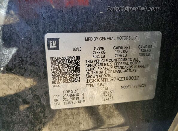 1GKKNTLS7KZ100012 2019 GMC ACADIA Black 