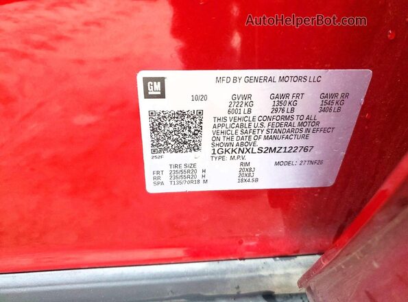 1GKKNXLS2MZ122767 2021 GMC ACADIA Red VIN კოდის სტიკერის ხედი