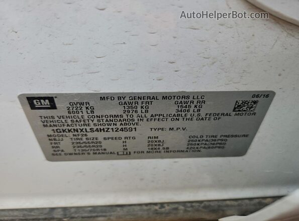 1GKKNXLS4HZ124591 2017 GMC ACADIA White VIN կոդի պիտակի տեսք