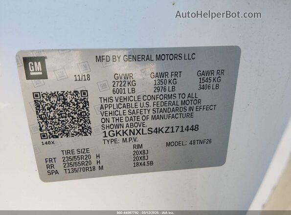 1GKKNXLS4KZ171448 2019 GMC ACADIA White Շարժիչի բաժամունքի տեսք