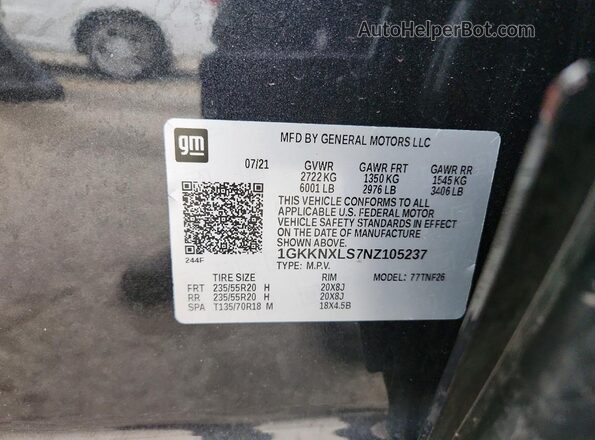 1GKKNXLS7NZ105237 2022 GMC ACADIA Charcoal Widok naklejki z numerem VIN