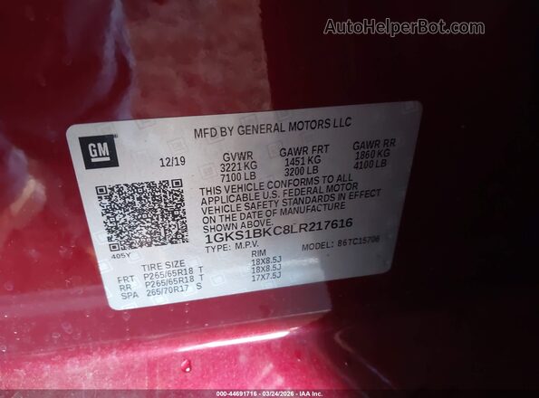 1GKS1BKC8LR217616 2020 GMC YUKON Red Widok komory silnika