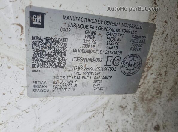 1GKS2BKC2KR347631 2019 GMC YUKON White 