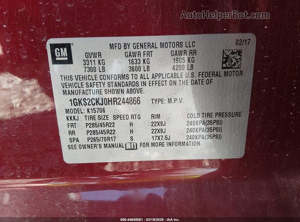 1GKS2CKJ0HR244866 2017 GMC YUKON Red Engine compartment view