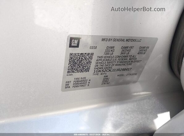 1GKS2CKJ2JR298417 2018 GMC YUKON Silver Engine compartment view