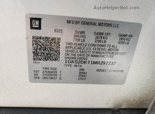 1GKS2DKT1MR297237 2021 GMC YUKON Белый Вид наклейки с VIN-кодом