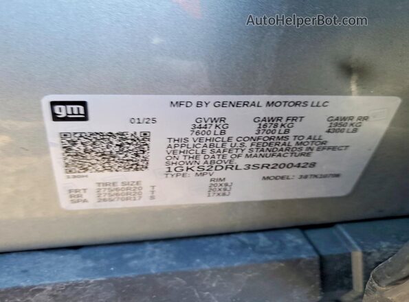 1GKS2DRL3SR200428 2025 GMC YUKON Silver VIN კოდის სტიკერის ხედი