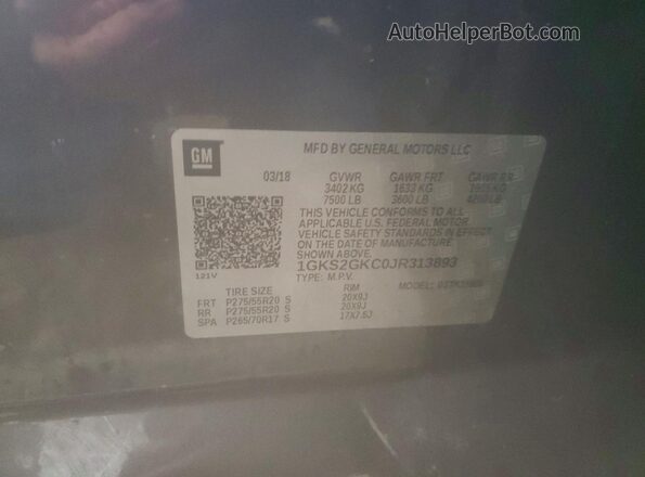 1GKS2GKC0JR313893 2018 GMC YUKON Серый Вид наклейки с VIN-кодом