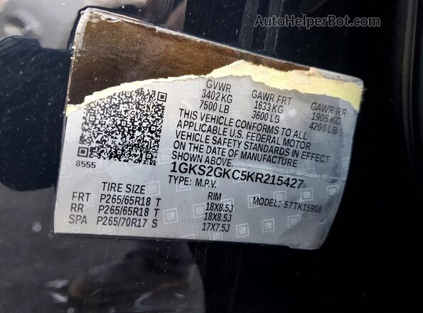 1GKS2GKC5KR215427 2019 GMC YUKON Black 