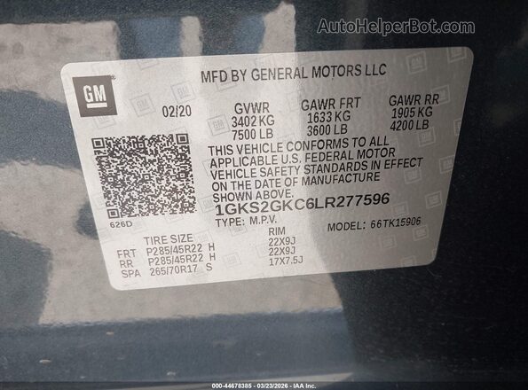 1GKS2GKC6LR277596 2020 GMC YUKON Dark Blue 