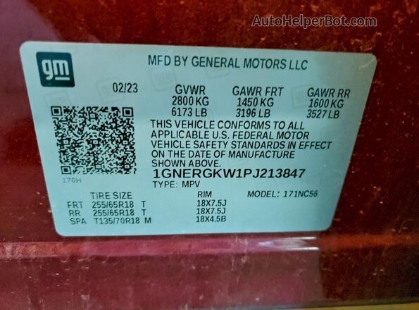 1GNERGKW1PJ213847 2023 CHEVROLET TRAVERSE Burgundy Widok naklejki z numerem VIN